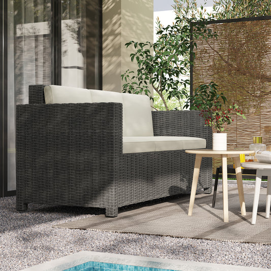 Outsunny 3 Seater Outdoor Rattan Sofa All Weather Wicker Weave Steel Frame With Cream Cushions Fire Resistant