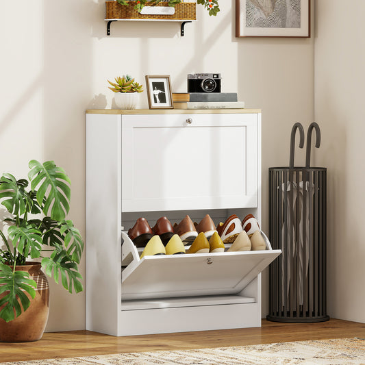 HOMCOM White Two Flip Drawer Shoe Cabinet With Adjustable Shelves Holds 8 To 12 Pairs Of Shoes Compact Stylish Storage