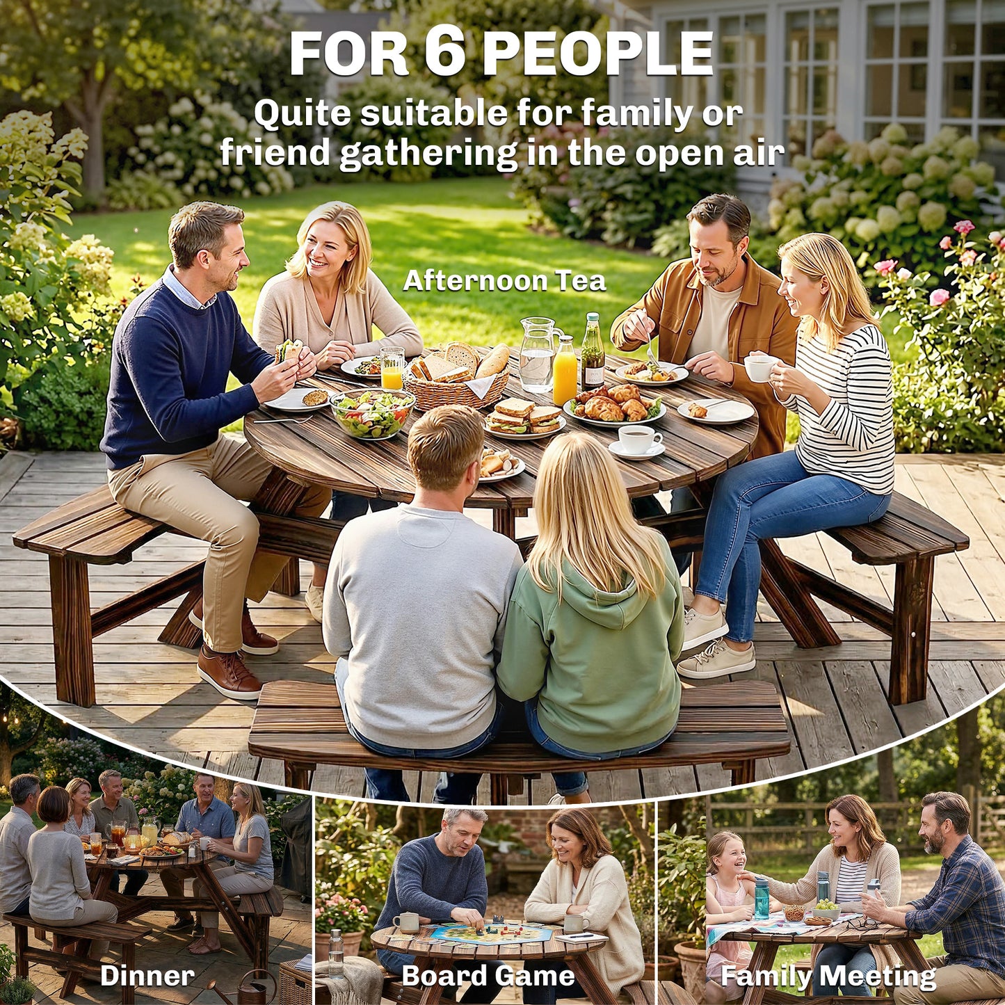 Outsunny 6 Seater Wooden Round Dining Set with Bench and Parasol Hole for Outdoor Garden Patio Carbonized