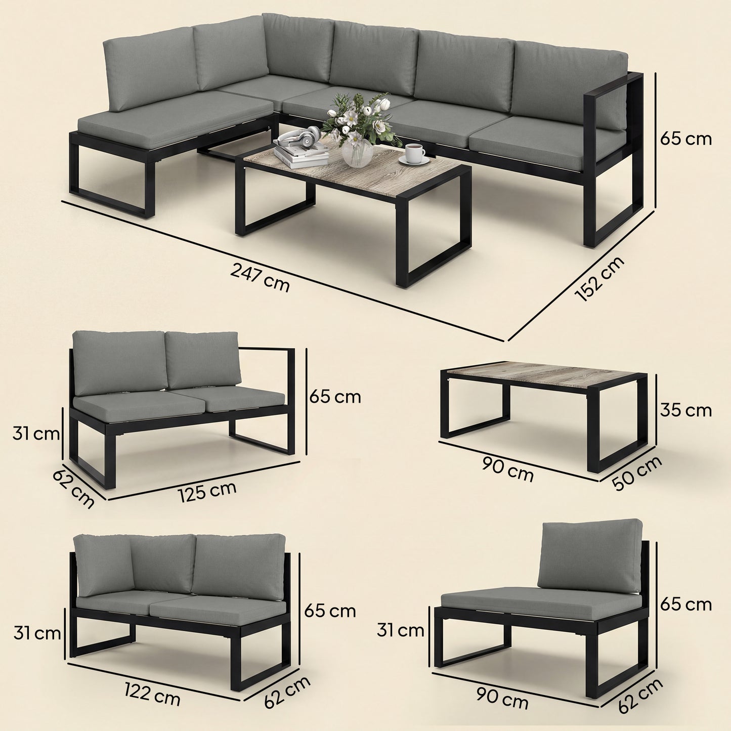Outsunny 4 Piece Garden Sofa Set With Two Loveseats Armless Chair And Coffee Table For Balcony Dark Grey
