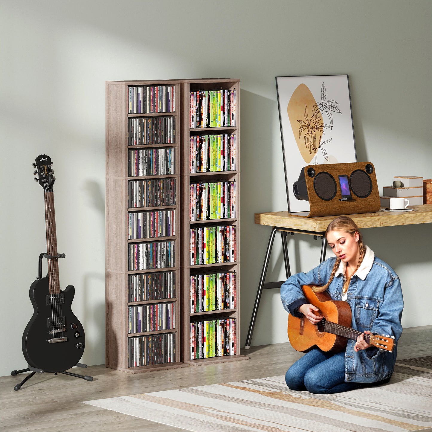 HOMCOM 260 CD Storage Unit Narrow With Six Adjustable Shelves Natural Wood Finish For Home Media Organization