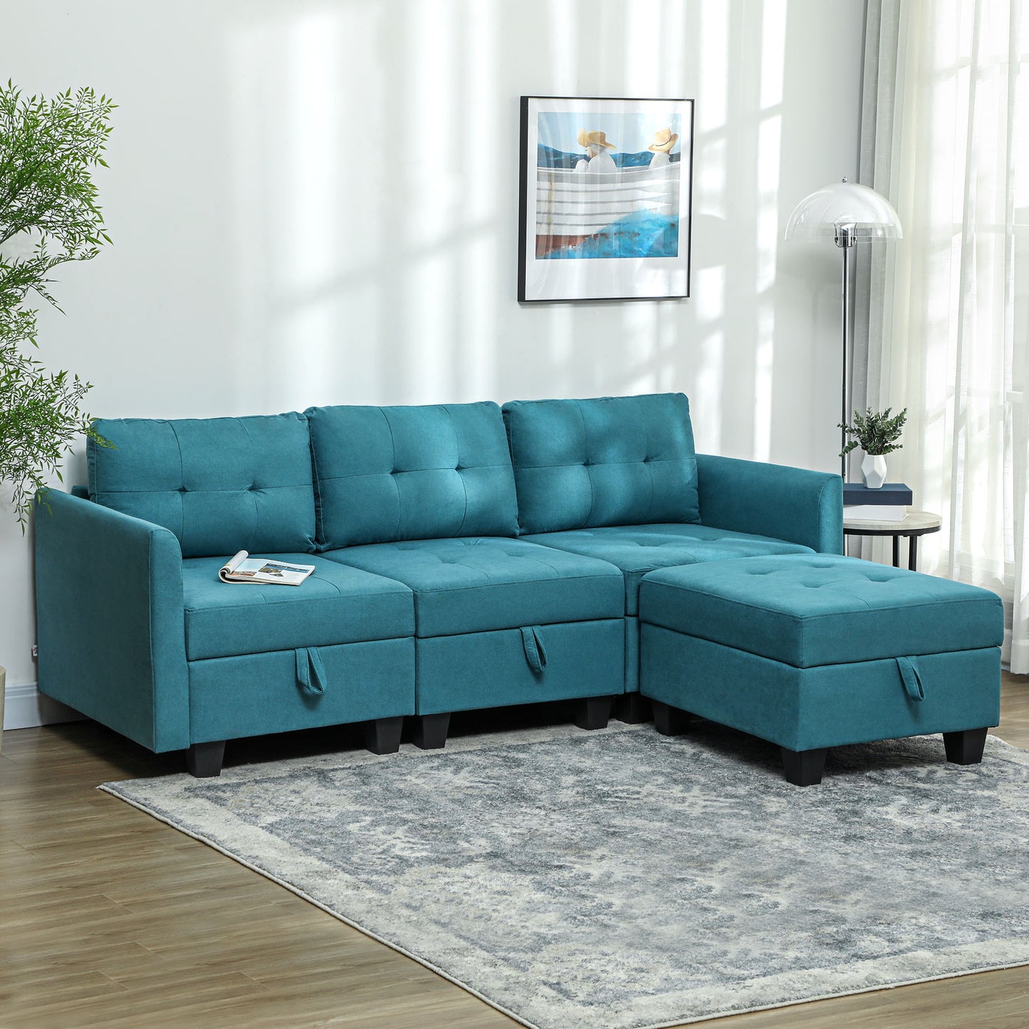 HOMCOM L Shape Modular Sofa With Storage Light Blue Corner Sofa Set For Living Room Flexible Layout