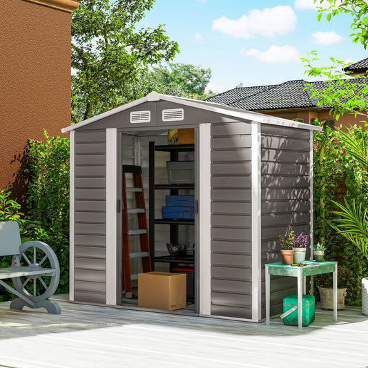 Outsunny 7 X 4ft Garden Shed Galvanised Steel Frame With Foundation Kit Easy Assembly Double Doors With Lock Light Grey