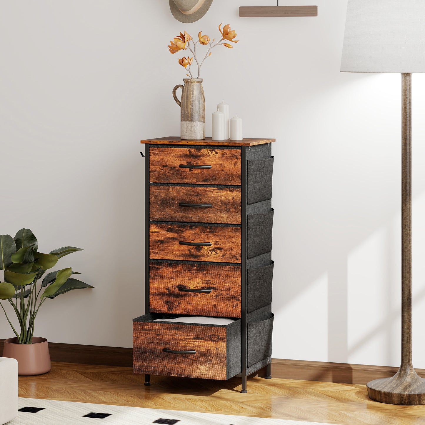 HOMCOM Five Drawer Fabric Chest Rustic Brown Finish With Steel Frame For Bedroom Storage