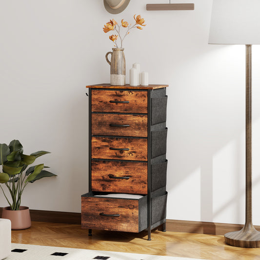 HOMCOM Five Drawer Fabric Chest Rustic Brown Finish With Steel Frame For Bedroom Storage