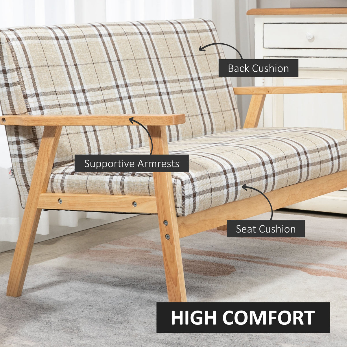 Plaid upholstered loveseat sofa with rubber wood frame and supportive armrests