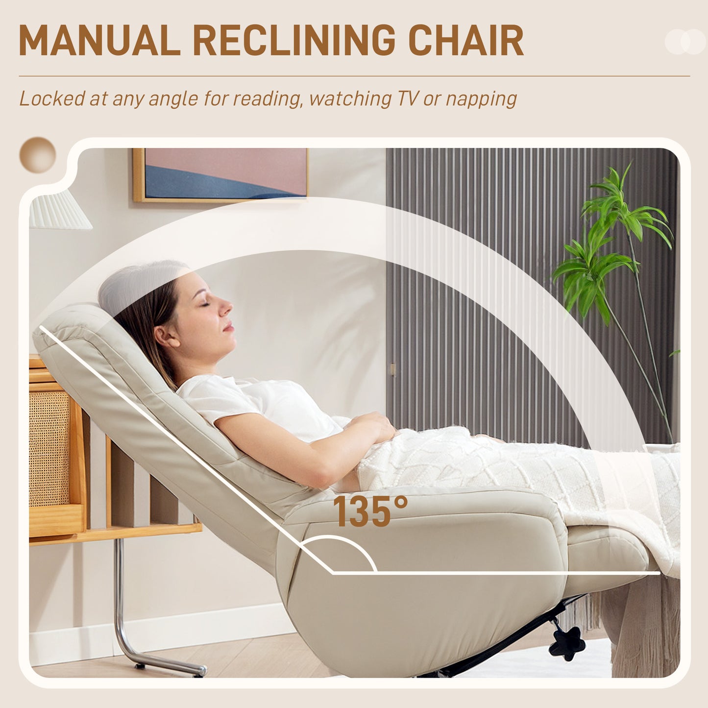 HOMCOM Rocking Recliner Chair With Footstool In Cream PU Leather For Living Room And Bedroom With Wood Base