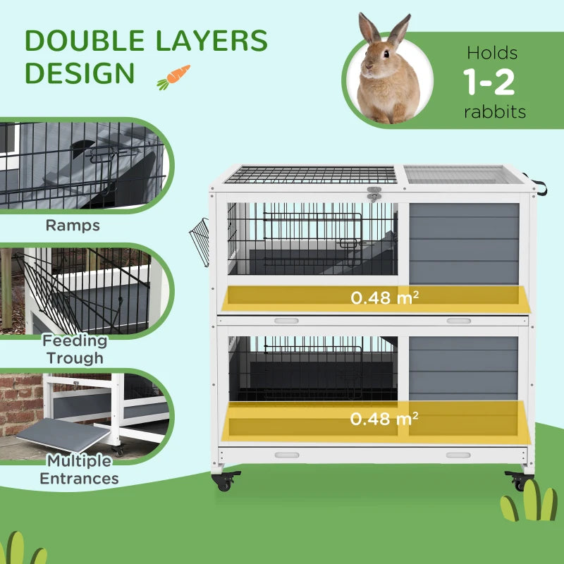 PawHut Grey Double Decker Guinea Pig Cage - Indoor Rabbit Hutch with Feeding Trough, Trays, Ramps, and Openable Top - ALL4U RETAILER LTD