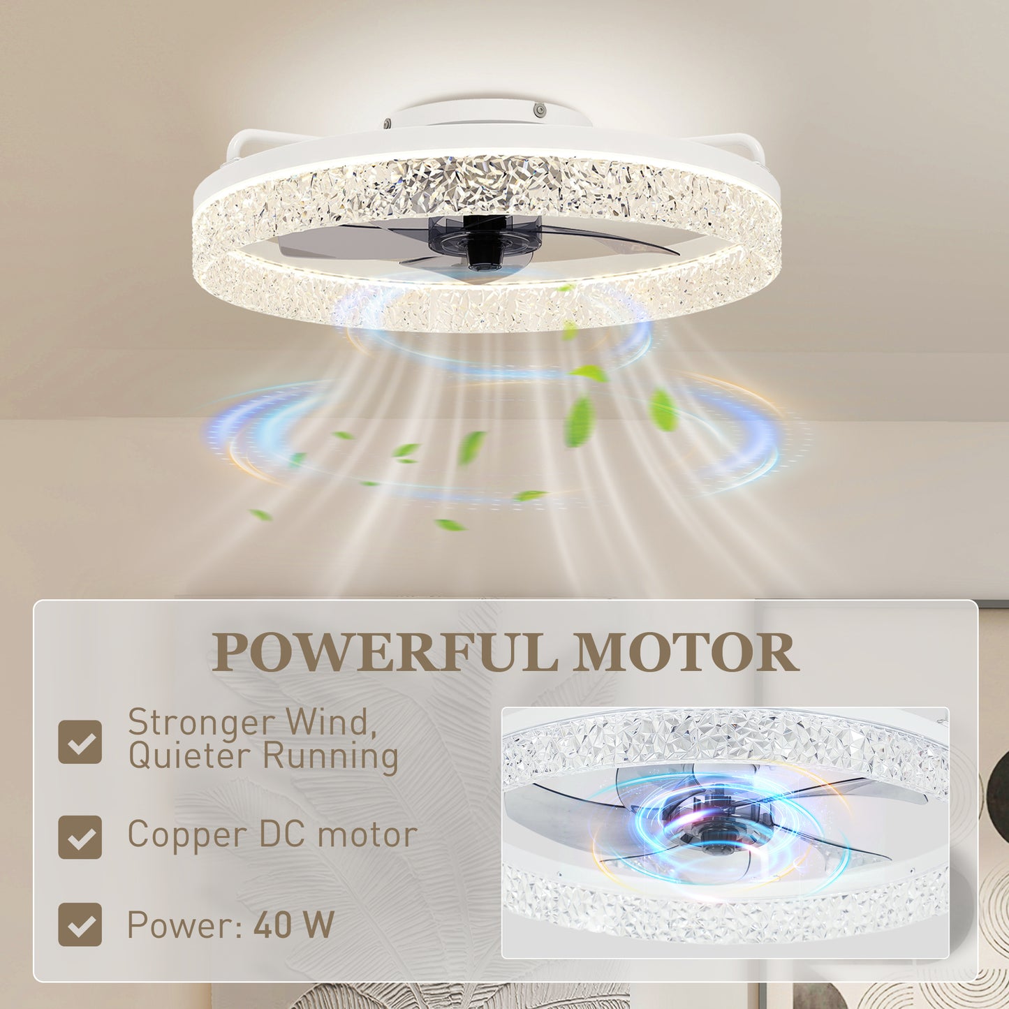 HOMCOM Dimmable LED Ceiling Fan With Light Remote App Control For Bedroom White Quiet Operation