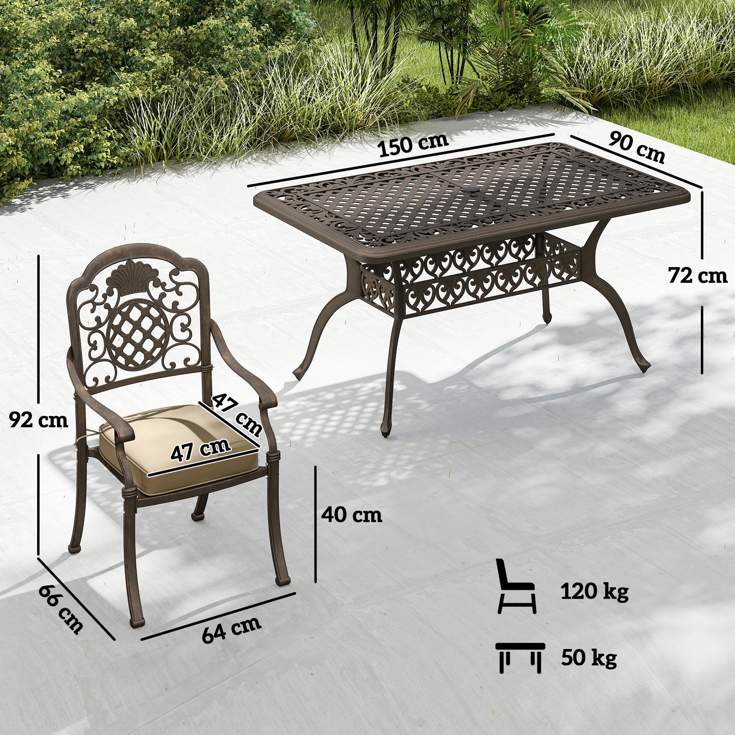 Outsunny Garden Dining Set For 6 Cast Aluminium Outdoor Table And Chairs With Cushions And Parasol Hole Bronze Tone
