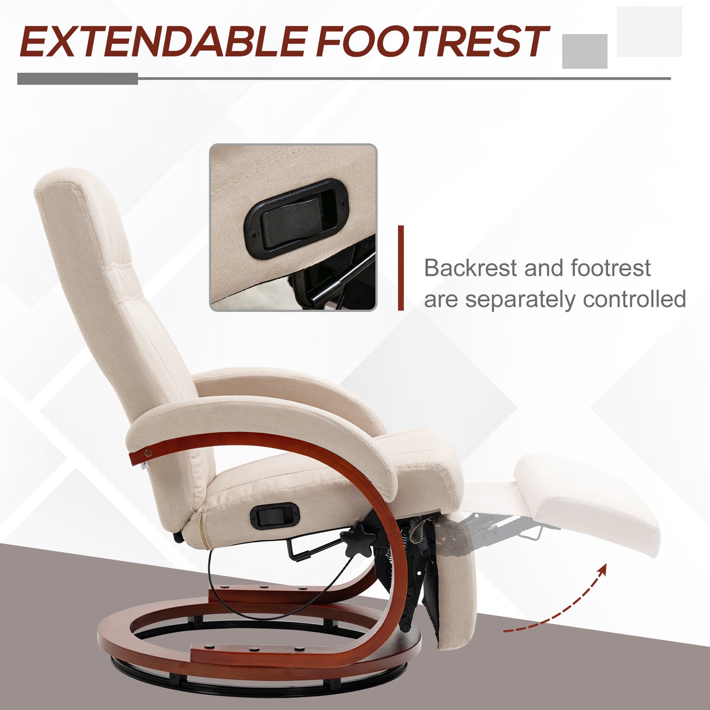 HOMCOM 135 Degree Manual Reclining Swivel Chair With Footrest Beige Linen Upholstery High Back Armrests