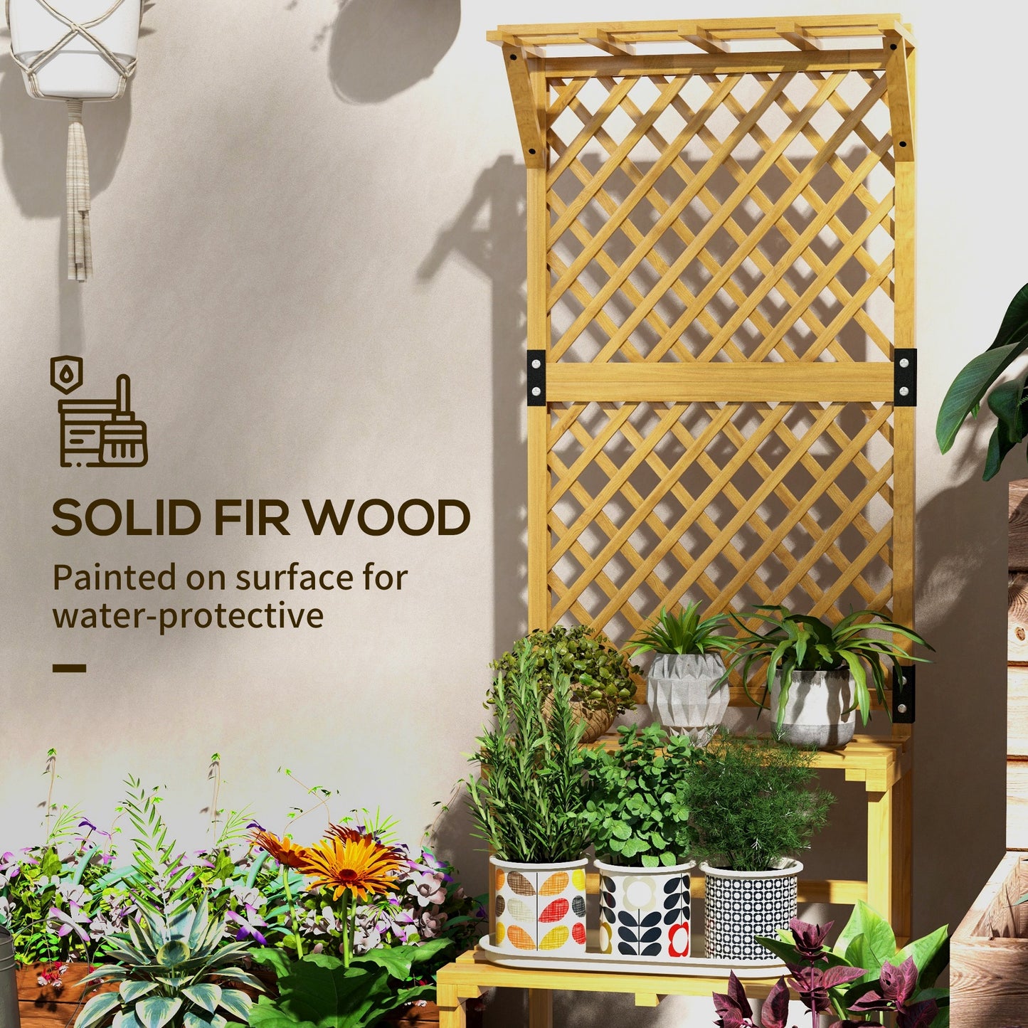 Outsunny Wooden Plant Stand With Trellis Natural Finish Three Part Design For Plants Flowers Vines