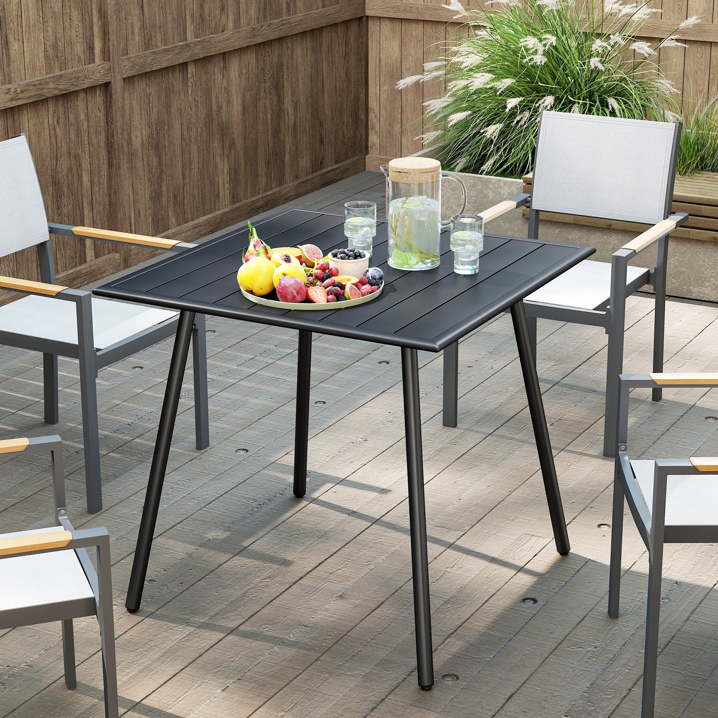 Outsunny Square Garden Table With Slat Top And Steel Frame For 4 People 80x80x74 cm Black