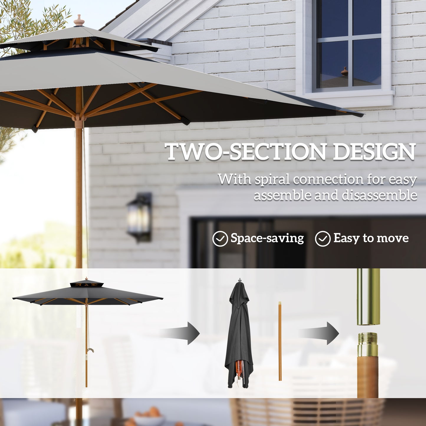 Outsunny 3 m Square Canopy Parasol With Bamboo And Poplar Wood Frame For Outdoor Shade Black