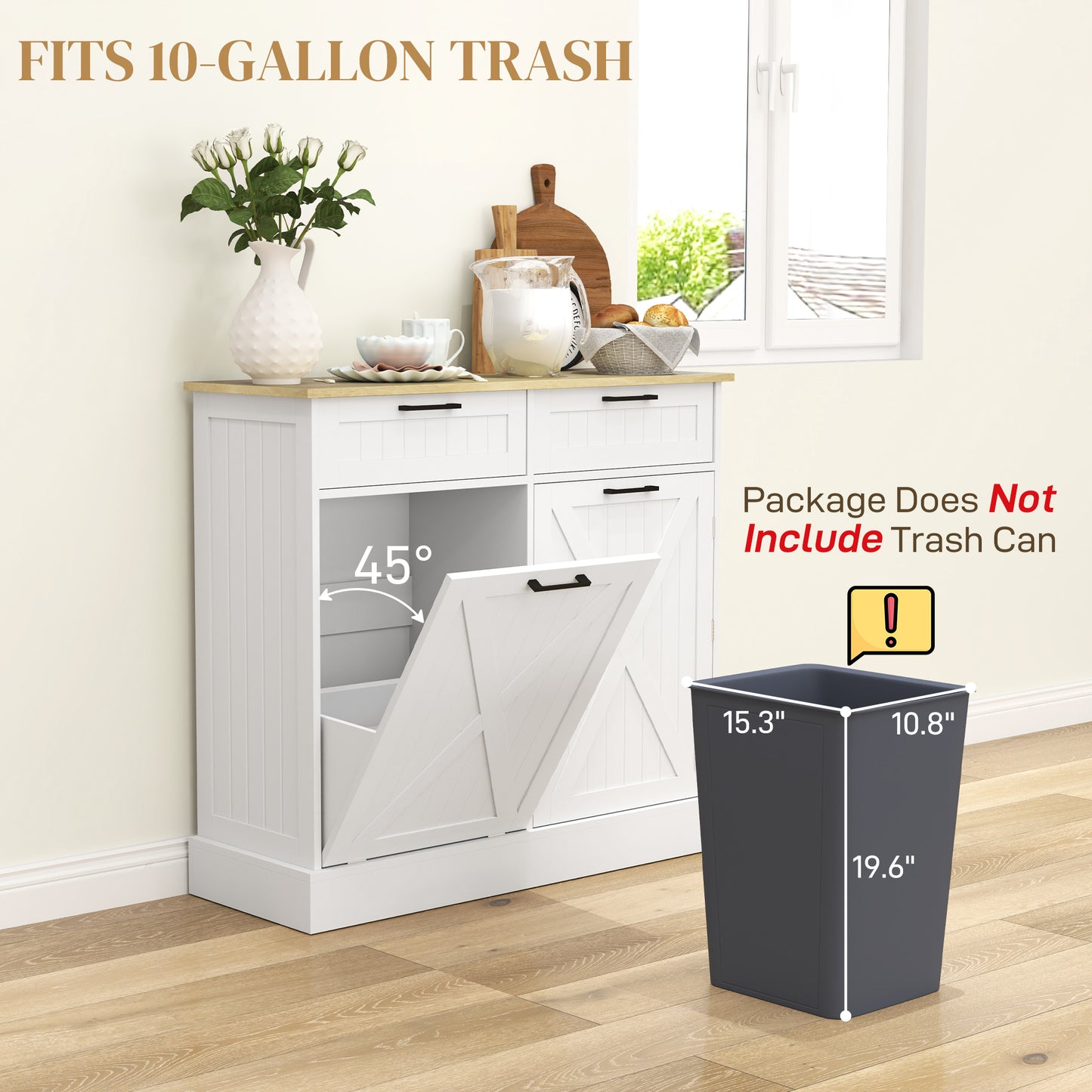 HOMCOM Farmhouse Sideboard With Tilt Out Trash Bin, White Finish, 2 Drawers, Adjustable Shelves, Door Racks