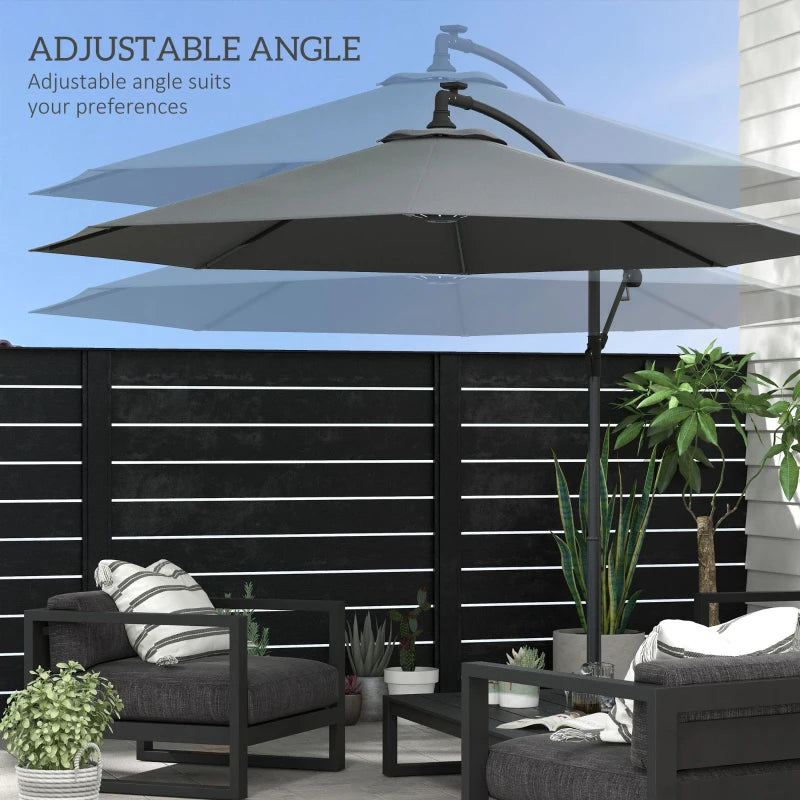 Outsunny 3m Grey Cantilever Parasol with Solar LED Lights - Garden Umbrella with Cross Base, Crank Handle, and Hanging Offset Banana Sun Shade for Patio and Outdoor Use - ALL4U RETAILER LTD