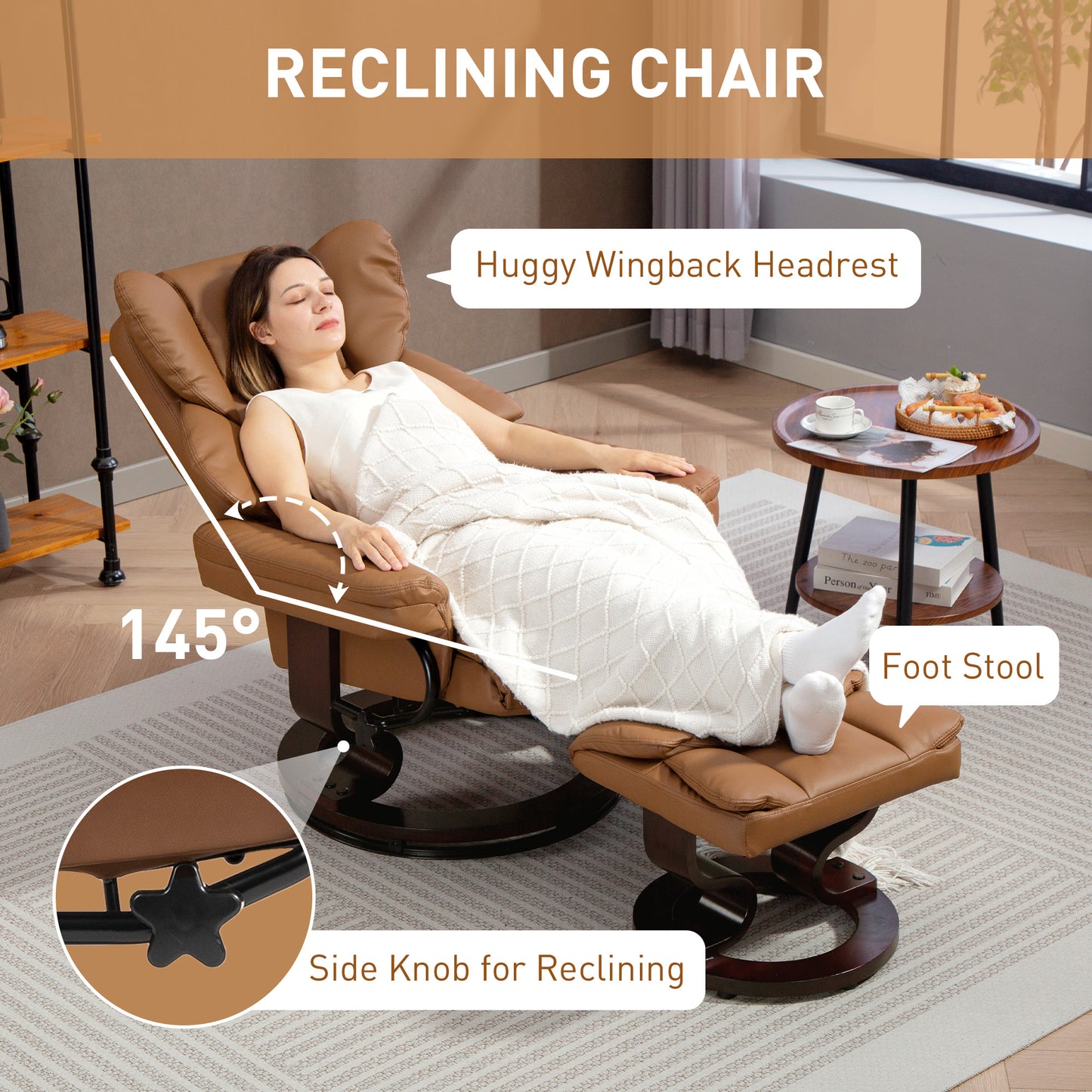 HOMCOM Faux Leather Reclining Armchair And Footstool In Brown With Wide Seat And Thick Padding For Maximum Comfort