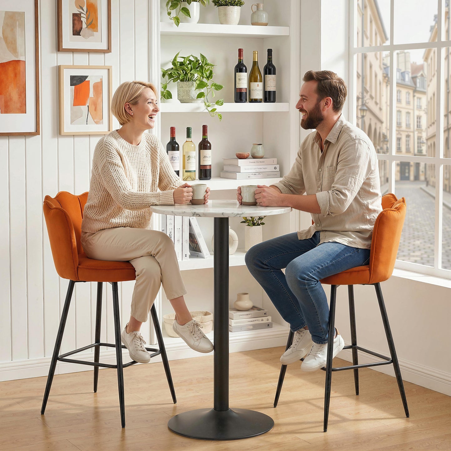 HOMCOM Set Of Two Velvet Feel Lotus Bar Stools Orange With High Back Durable Foam Cushions