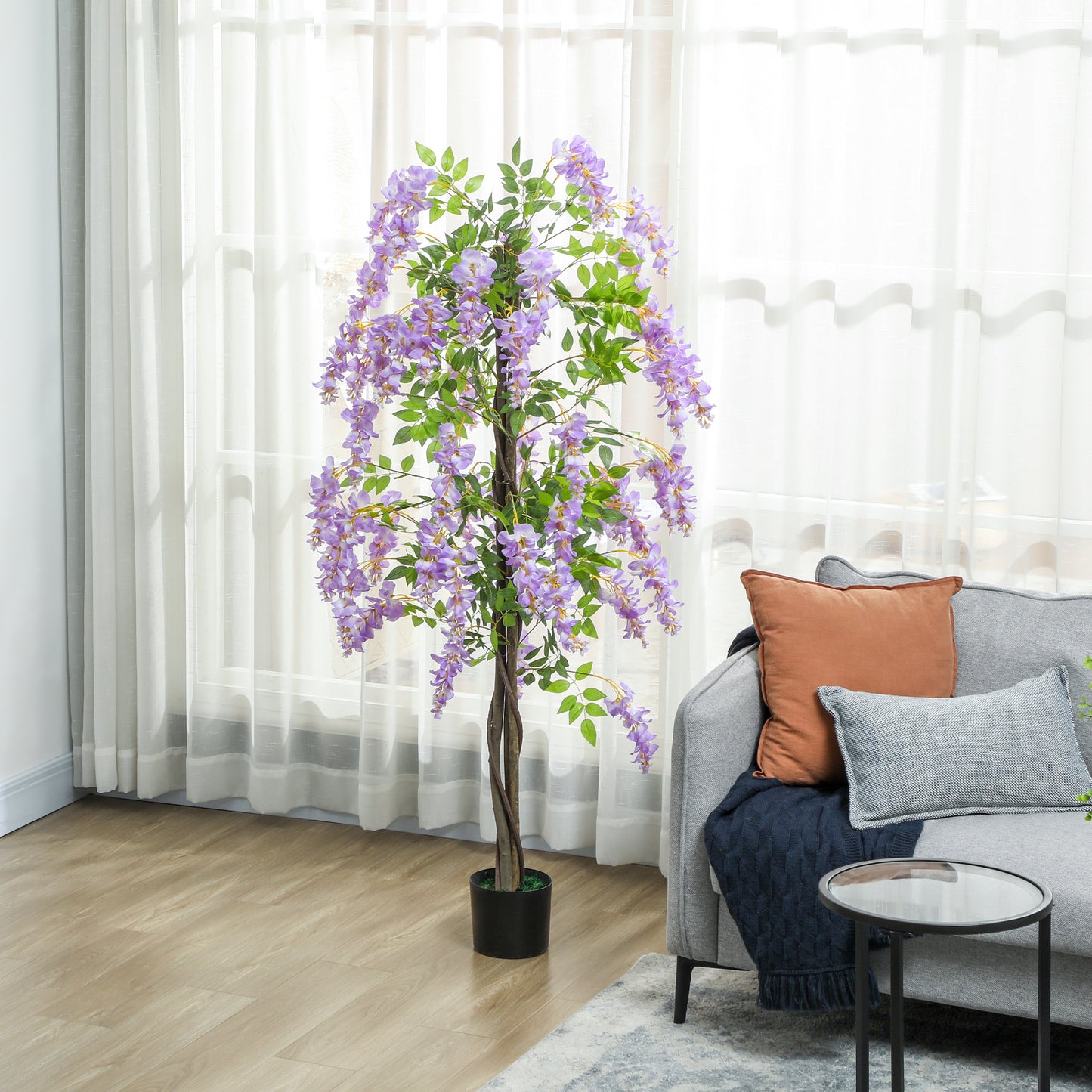 HOMCOM 180cm Ficus Artificial Tree With Wisteria Flowers In Nursery Pot Indoor Tall Faux Floor Plant Purple