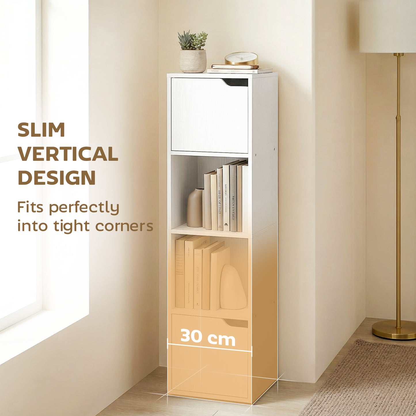 HOMCOM Narrow 4 Tier Bookcase With Doors Storage Cabinet White For Living Room And Bedroom