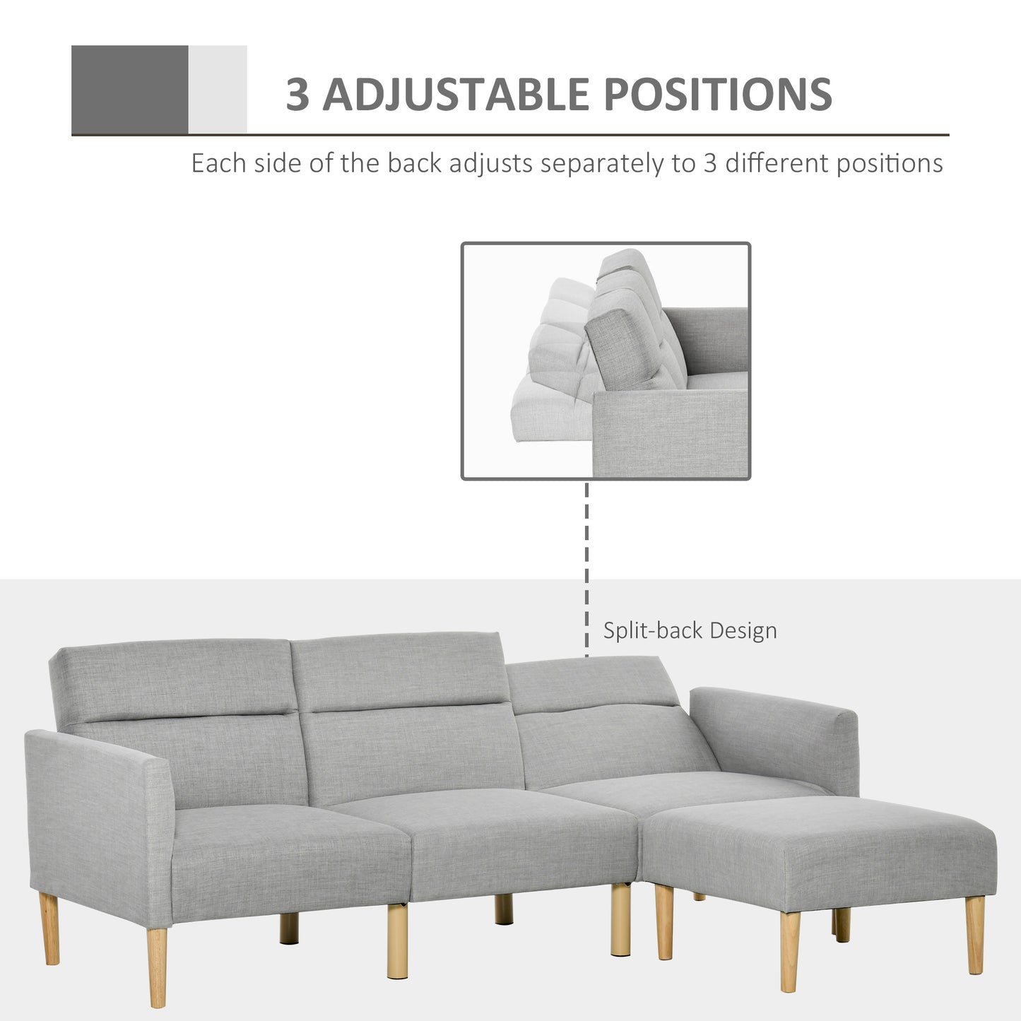 HOMCOM L Shape Sofa Bed Set Linen Fabric Corner with Rubber Wood Legs Footstool Light Grey - ALL4U RETAILER LTD