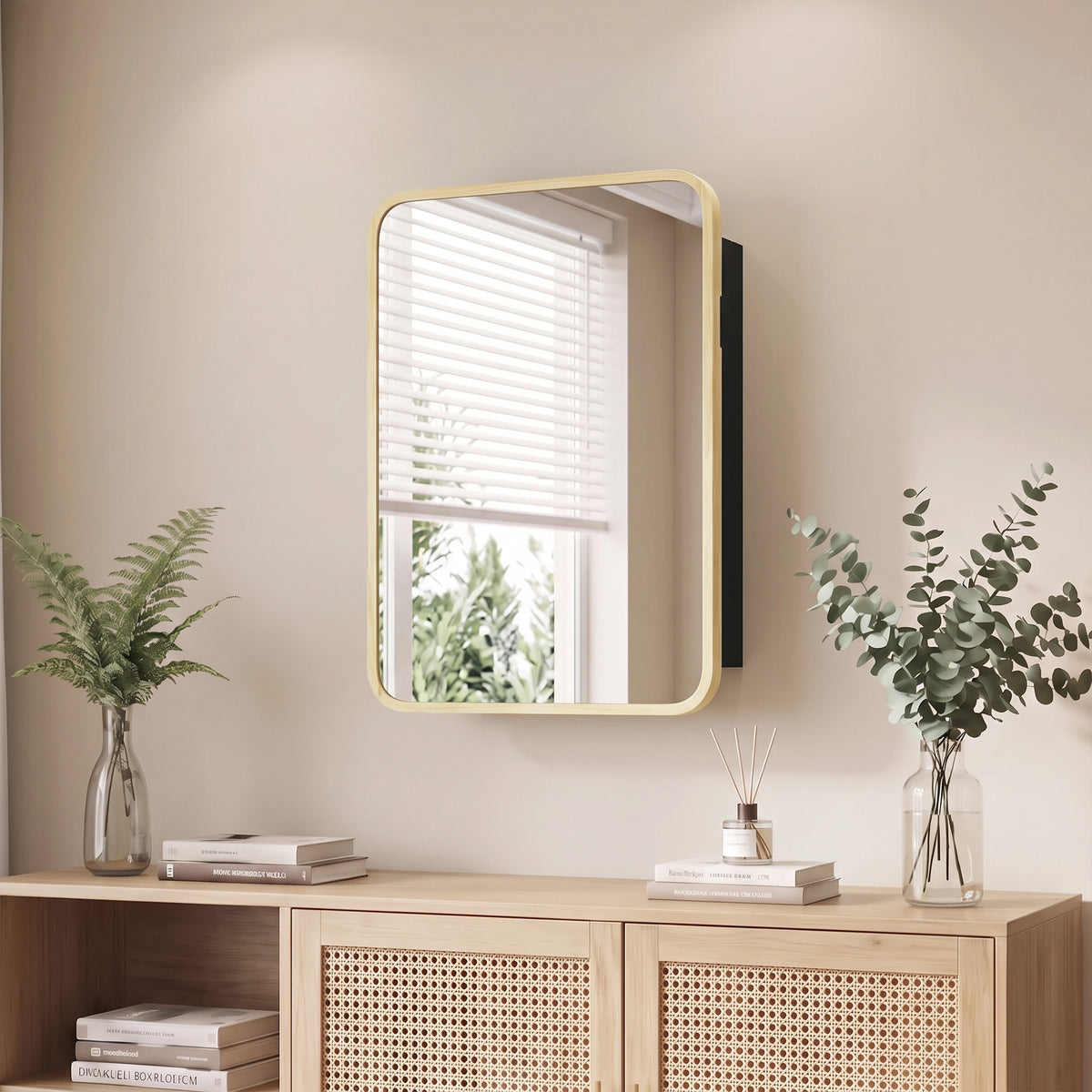 Wall-mounted medicine cabinet with square mirror and natural wood frame