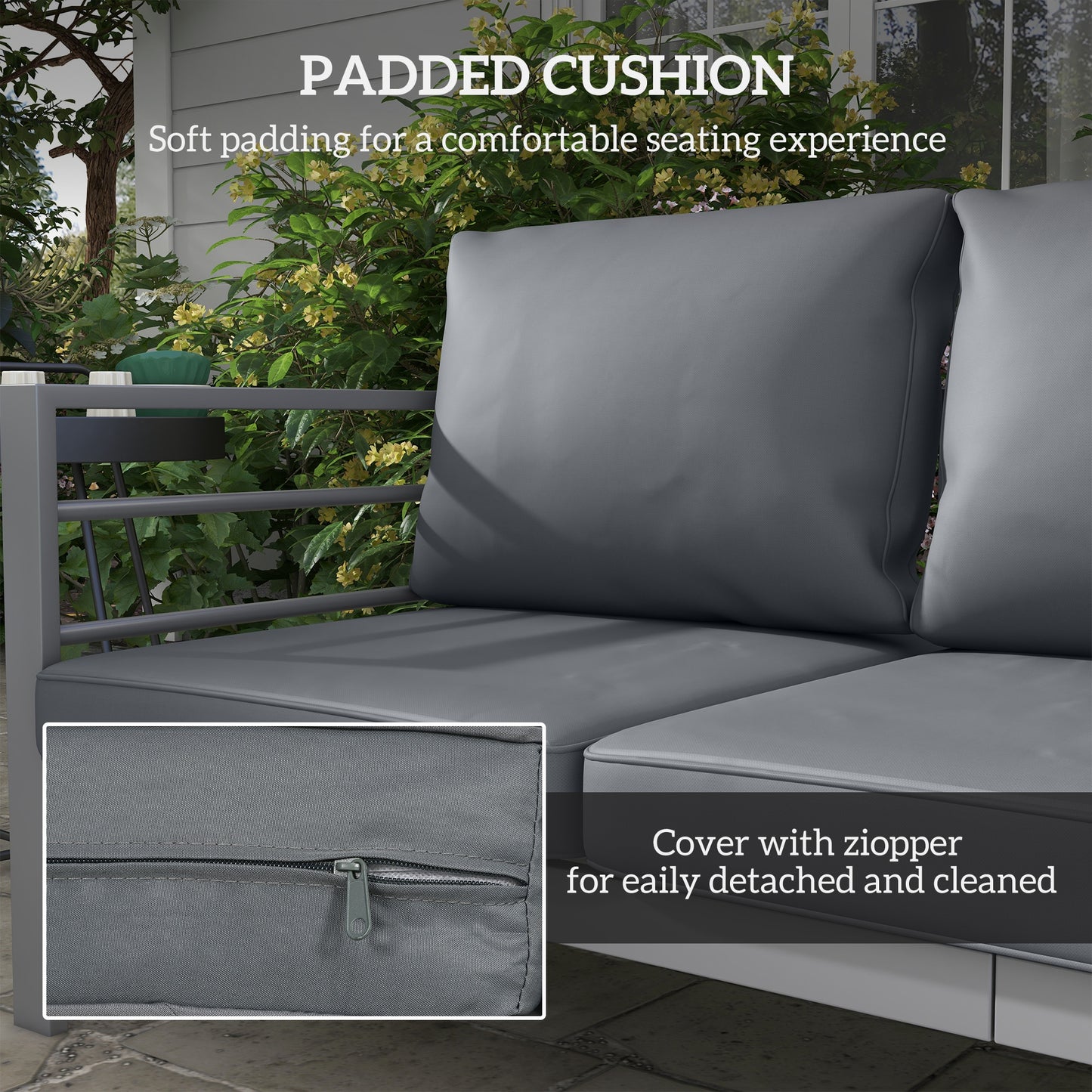 Outsunny Aluminium Three-Seater Garden Bench With Cushions In Grey For Durable Outdoor Seating And Relaxation