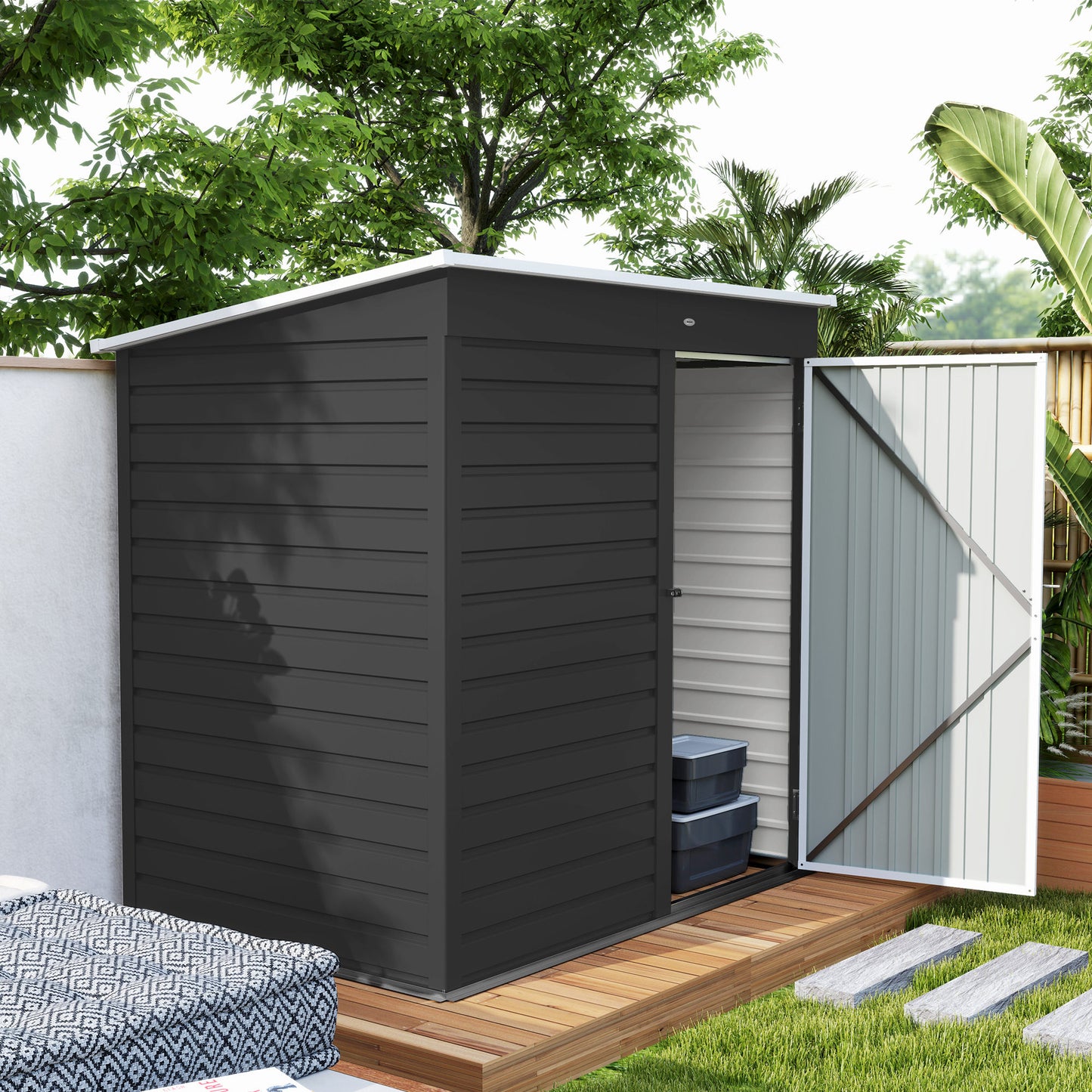Outsunny 6x4ft Metal Garden Storage Shed With Lockable Door And Garden Gloves For Patio Tools And Rubbish Bins Dark Grey