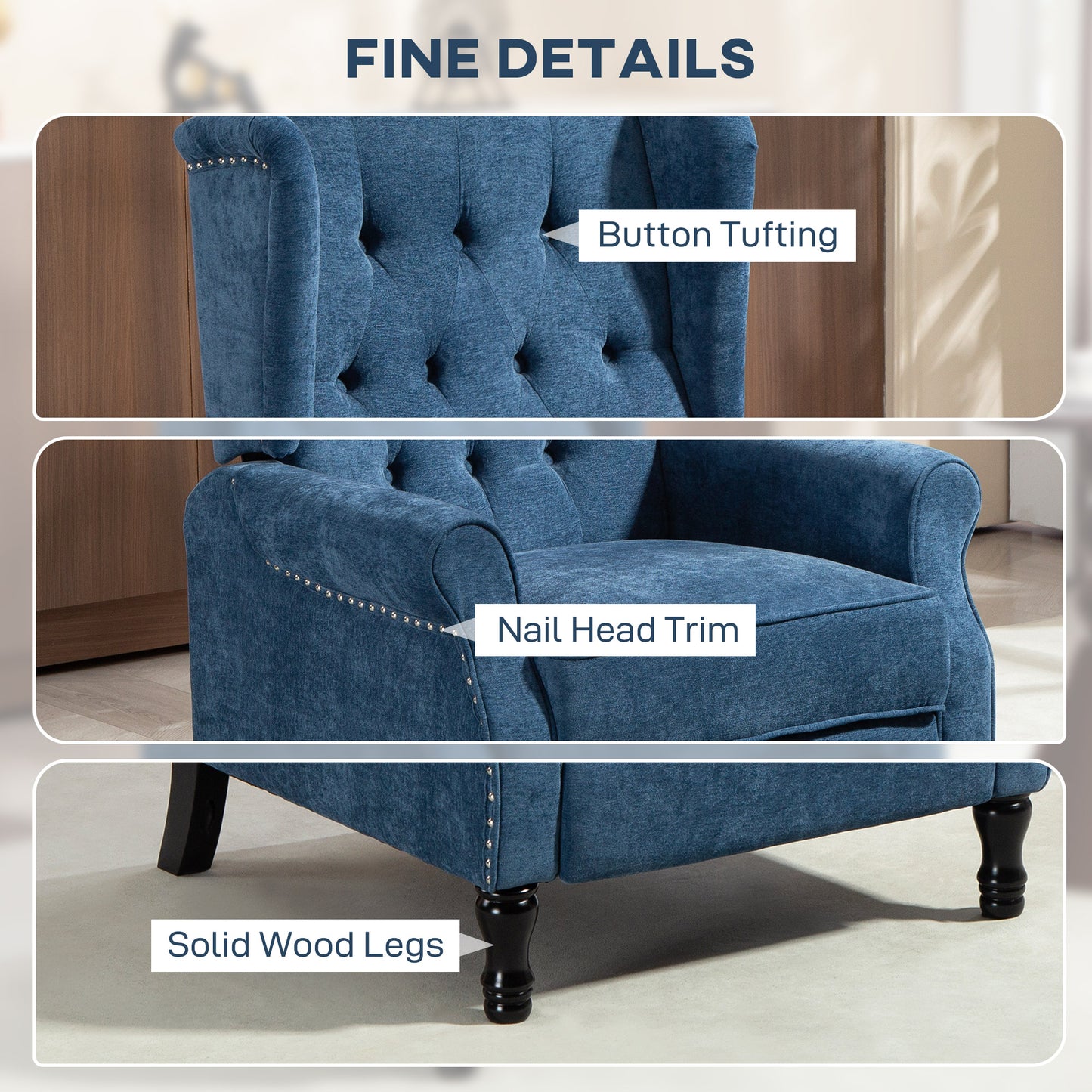 HOMCOM 150 Degree Reclining Vintage Armchair With Footrest In Royal Blue Tufted Back Lounger