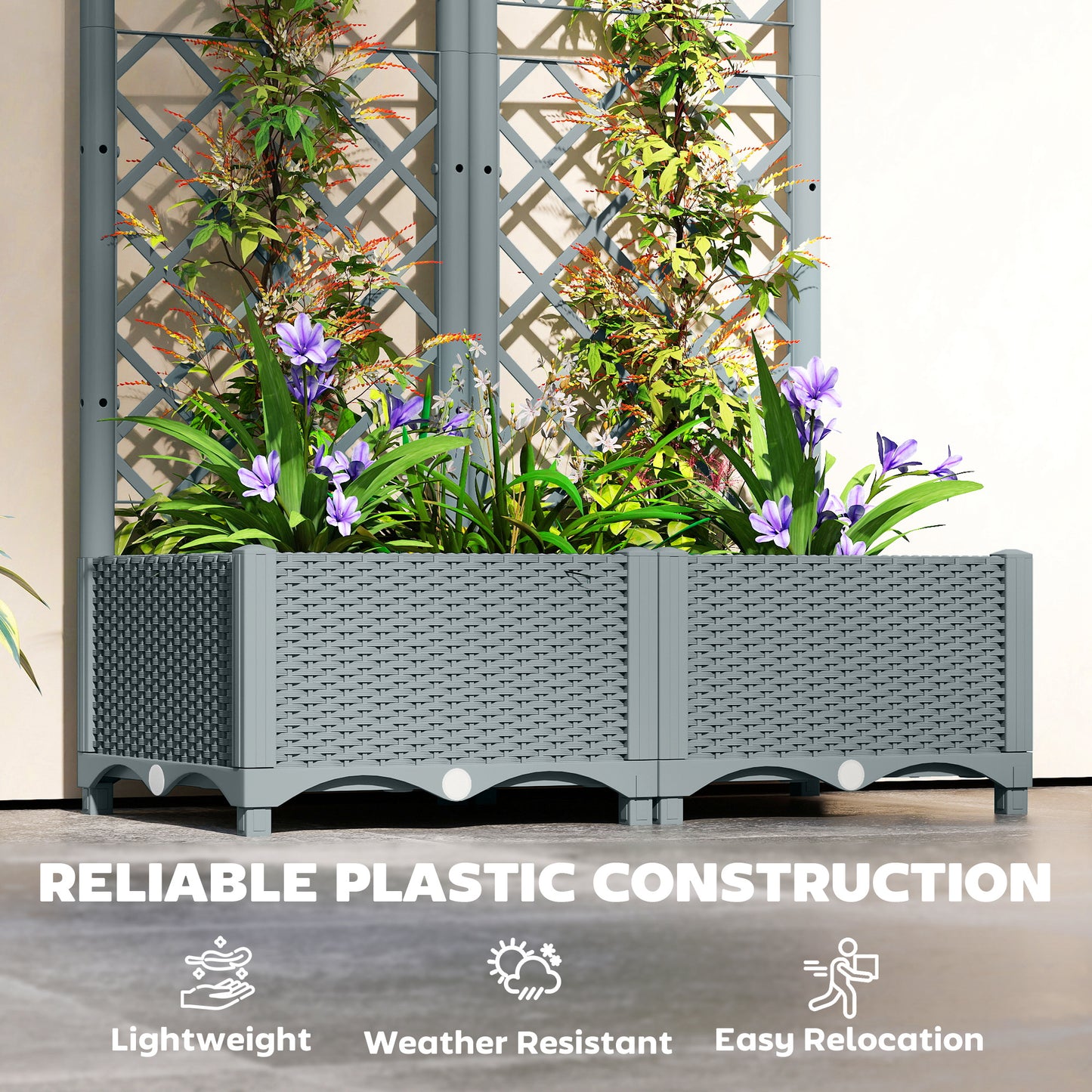 Outsunny Raised Garden Bed With Trellis For Climbing Plants Grey Plastic Planter Box With Drainage Holes And Reservoirs