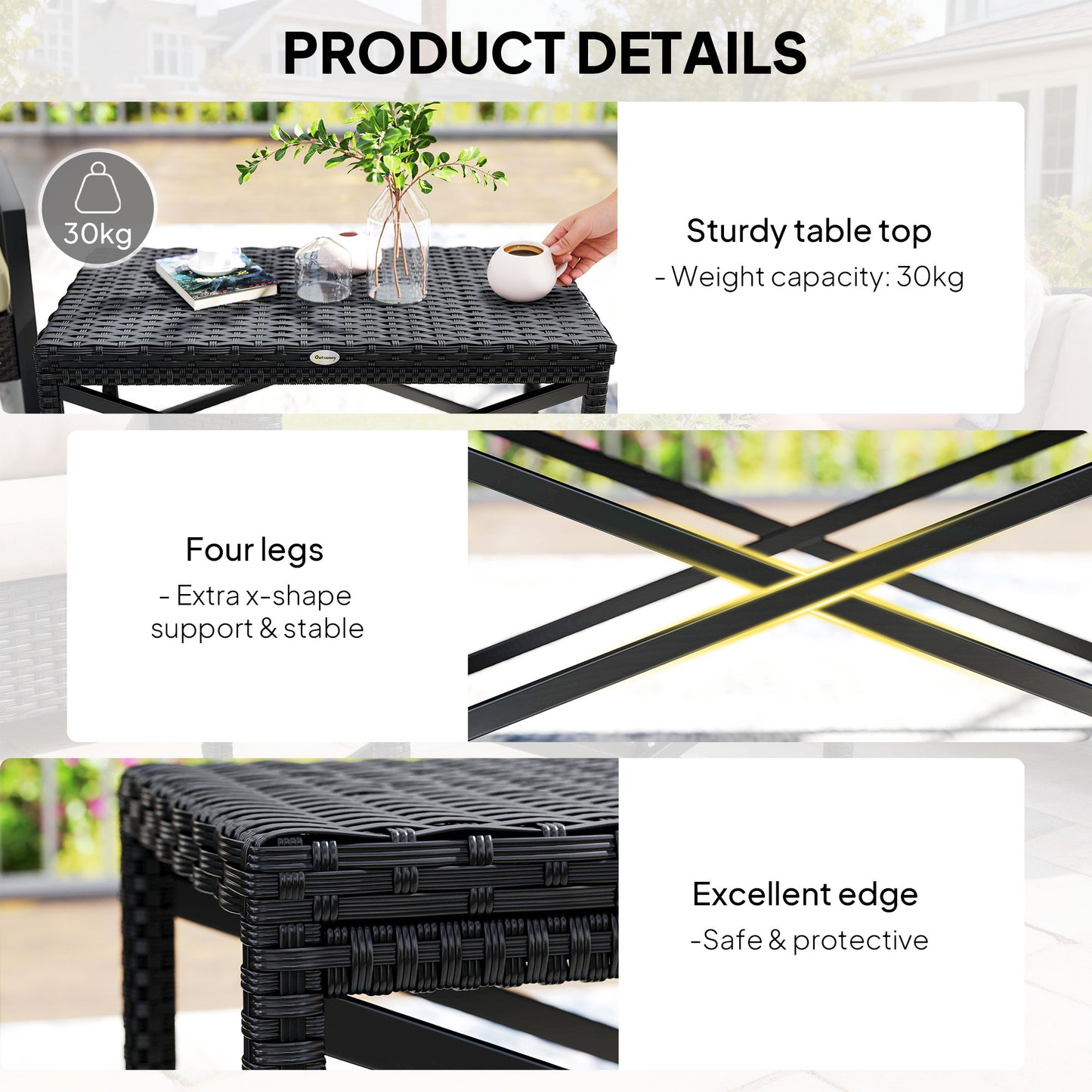 Outsunny Outdoor Coffee Table With X Shape Frame And Rattan Top For Patio Balcony Black