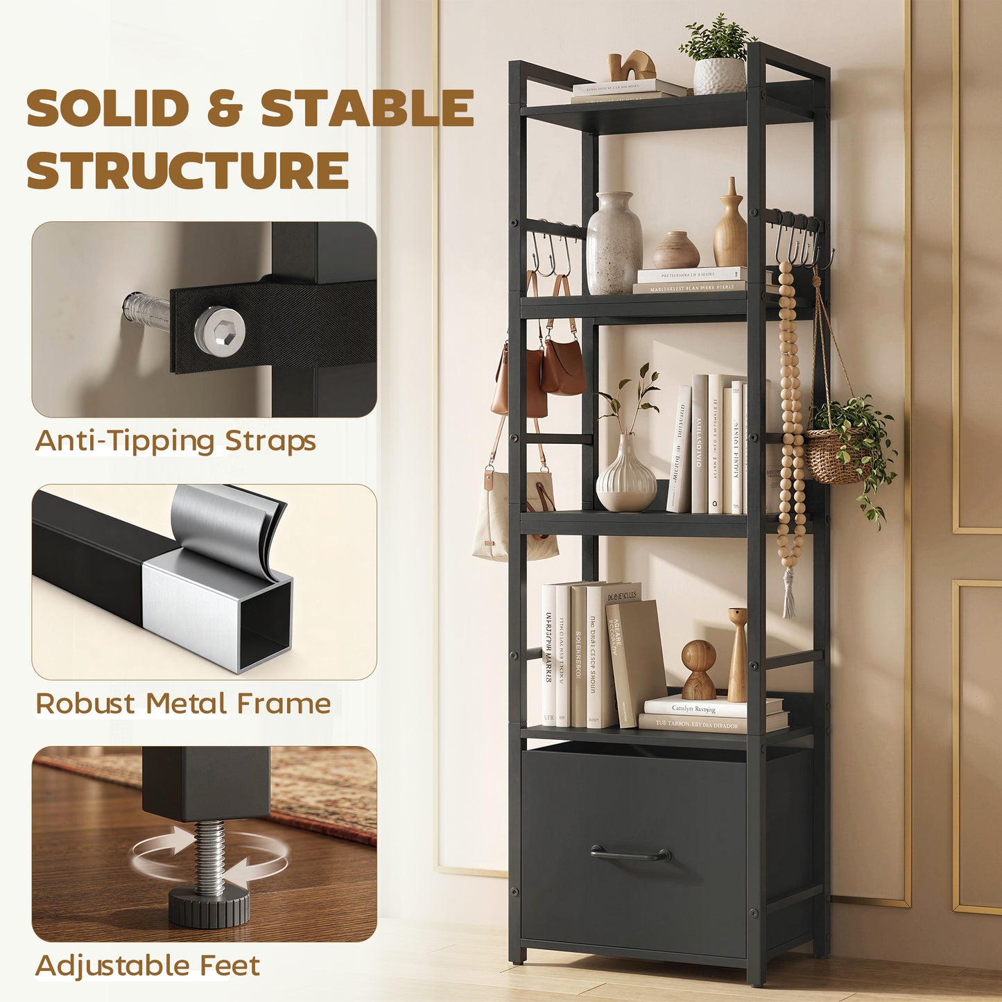 HOMCOM 4 Tier Narrow Bookshelf With Drawer And 8 Hooks Metal Frame Black Storage Display Shelving For Small Spaces