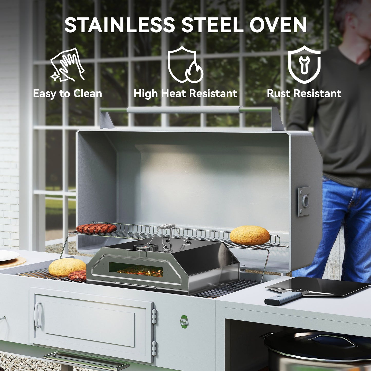 Outsunny 8 Inch Portable Stainless Steel BBQ Grill Top Pizza Oven With Built In Thermometer And Viewing Window