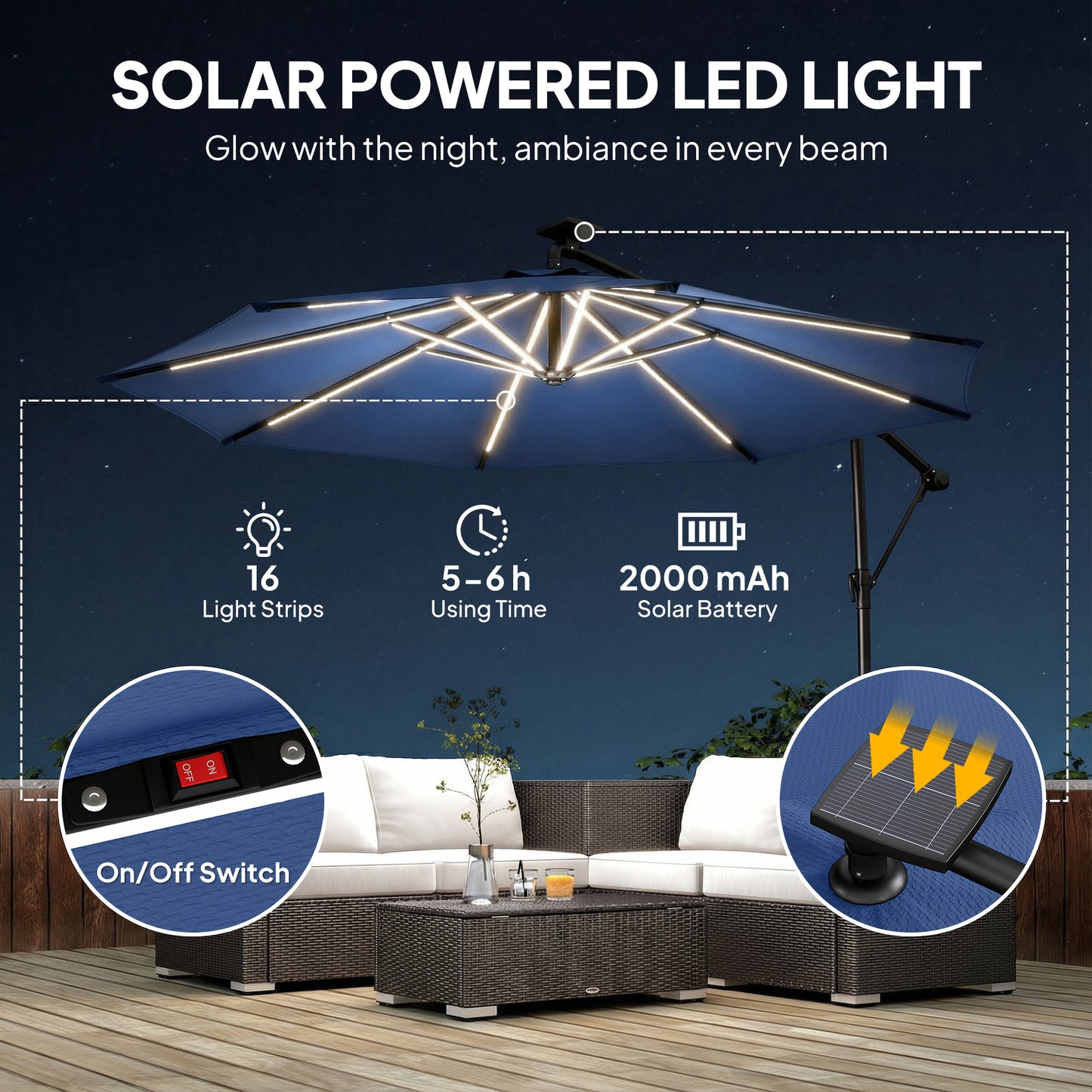 Outsunny Three Meter Garden Cantilever Parasol With LED Solar Light, Round Umbrella With 360 Degree Rotation, Navy Blue