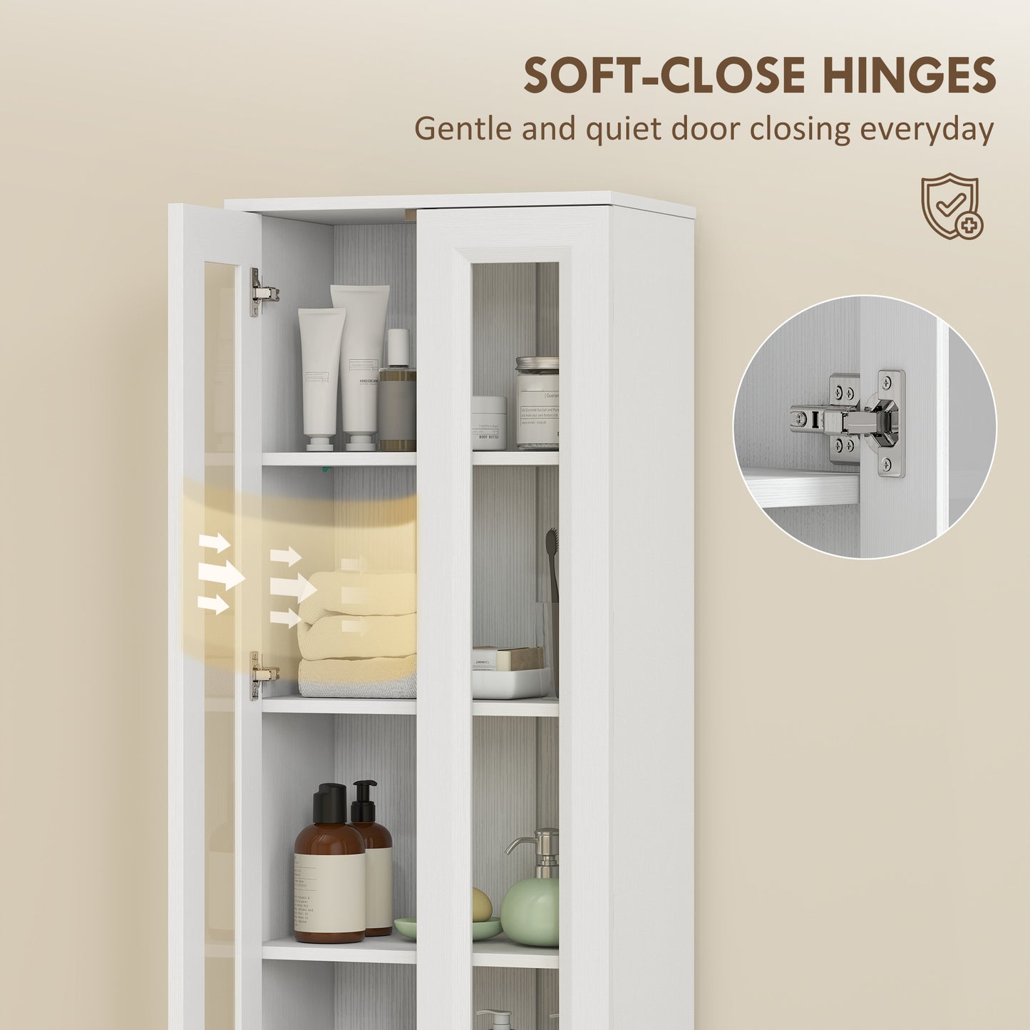 HOMCOM Tall Bathroom Storage Cabinet Six Tier Slim Design With Adjustable Shelf Four Soft Close Doors White