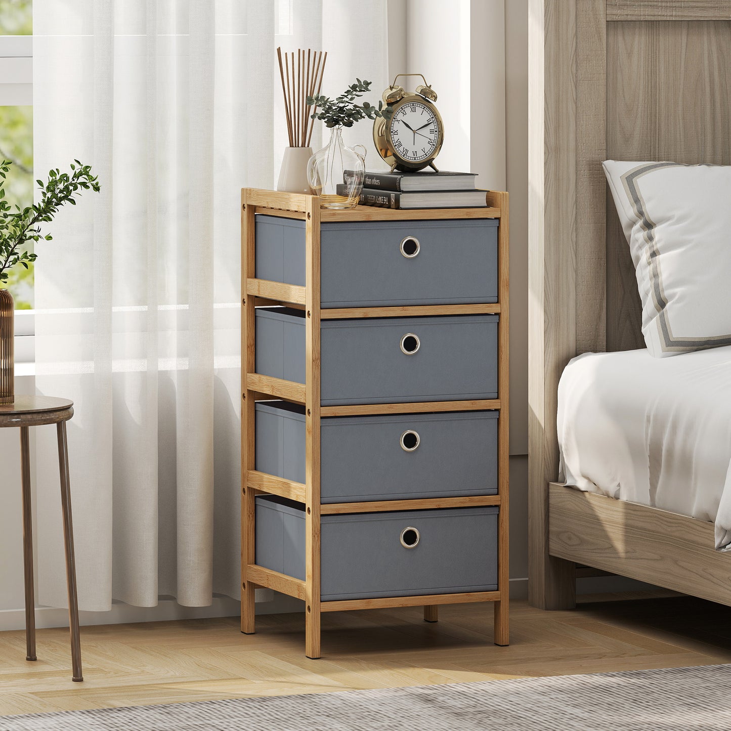 HOMCOM Chest of Drawers Narrow Dresser With Four Fabric Drawers and Bamboo Frame in Light Grey