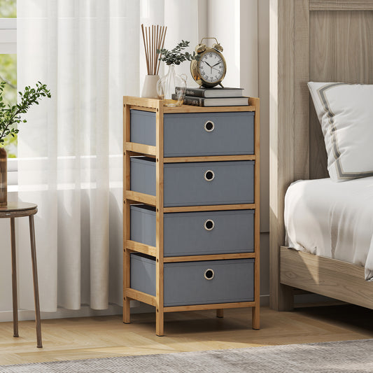 HOMCOM Chest of Drawers Narrow Dresser With Four Fabric Drawers and Bamboo Frame in Light Grey