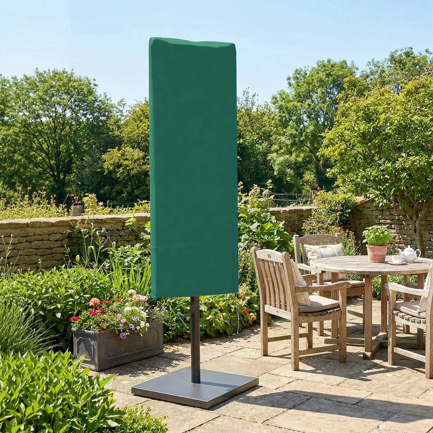 Dark green patio parasol cover with straight panel over umbrella pole