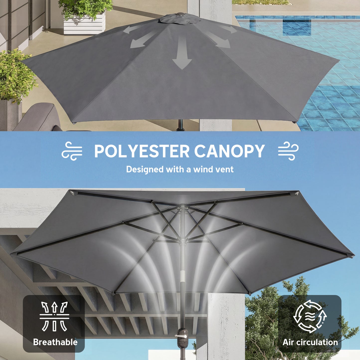 Outsunny 2.6m Garden Parasol Umbrella With Aluminium Pole Outdoor Patio Umbrella With Tilt And Crank Vent Grey