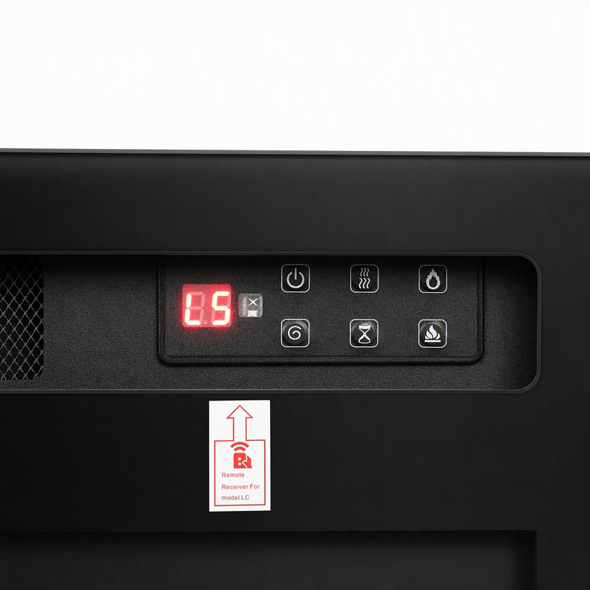 Ultra-slim electric fireplace control panel with red temperature display and button icons