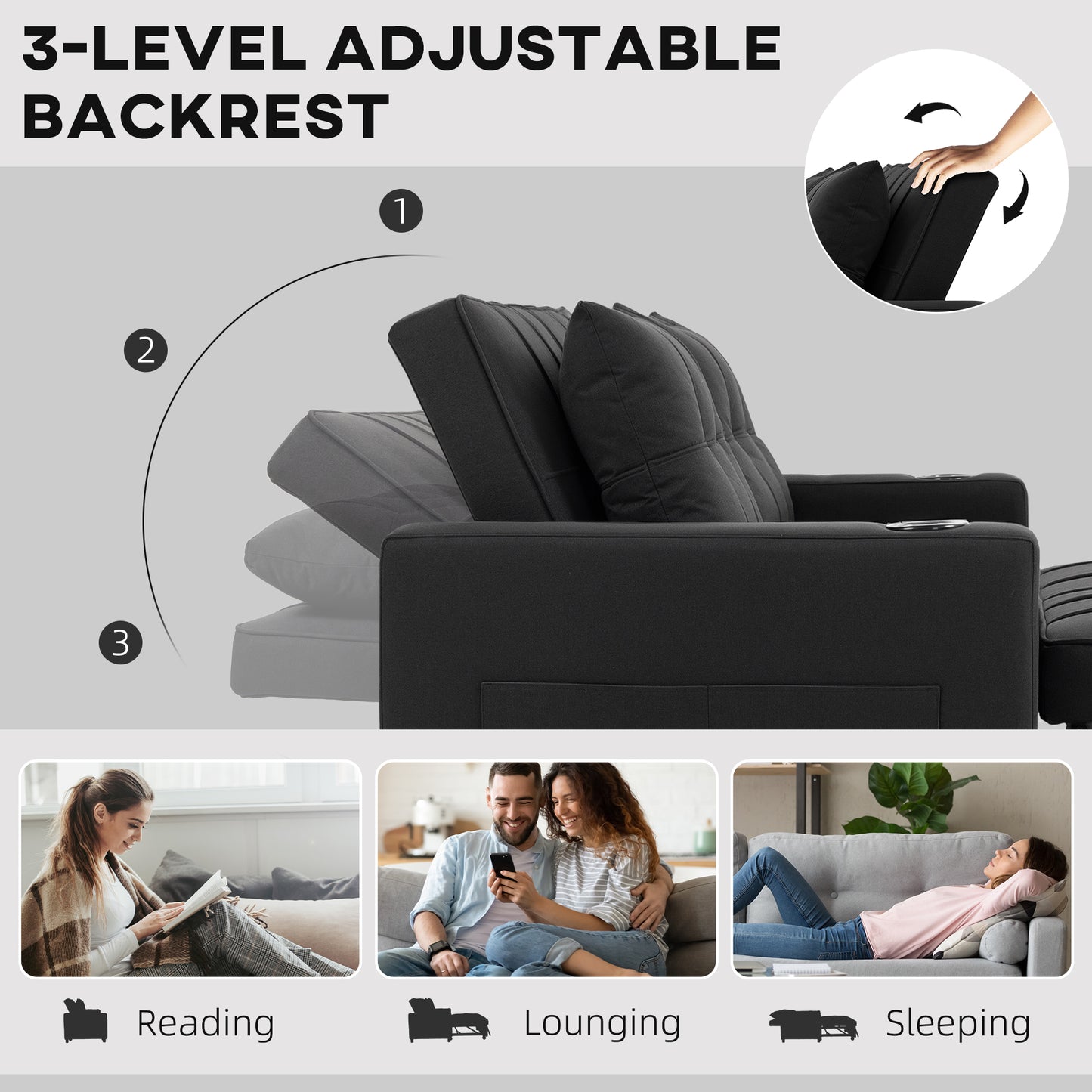 HOMCOM Two Seater Pull Out Sofa Bed In Black With 157 X 190 Cm Bed Size And High Density Foam Cushioned Comfort