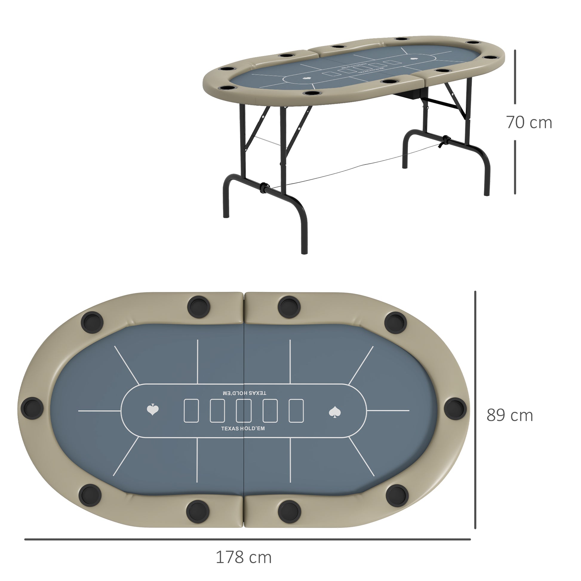 SPORTNOW Deluxe 10-Player Folding Poker Table - Oval Portable Casino Table with Cup Holders and Felt Surface, 178 x 89 x 70cm, Brown & Blue - ALL4U RETAILER LTD