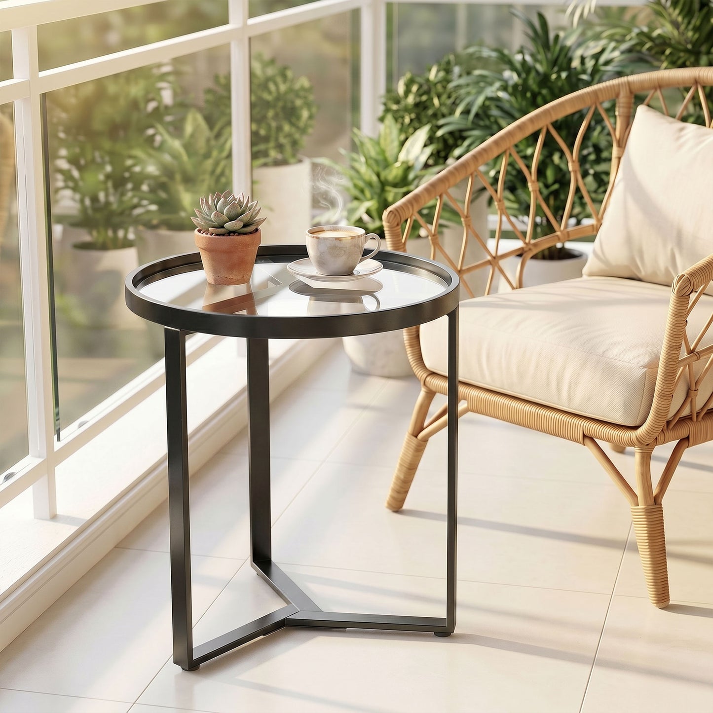 HOMCOM Round Side Table With Tempered Glass Top And Geometric Metal Frame For Small Spaces Black