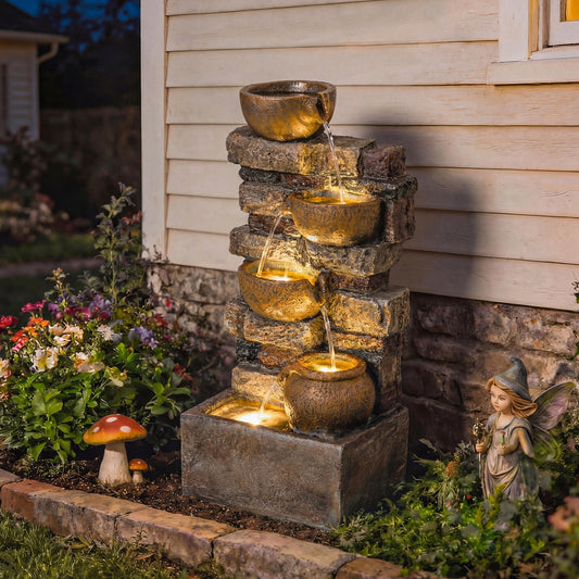 Outsunny 28 Inch 5 Tier Outdoor Fountain With Cascading Waterfall LED Lights Adjustable Flow Rustic Brown