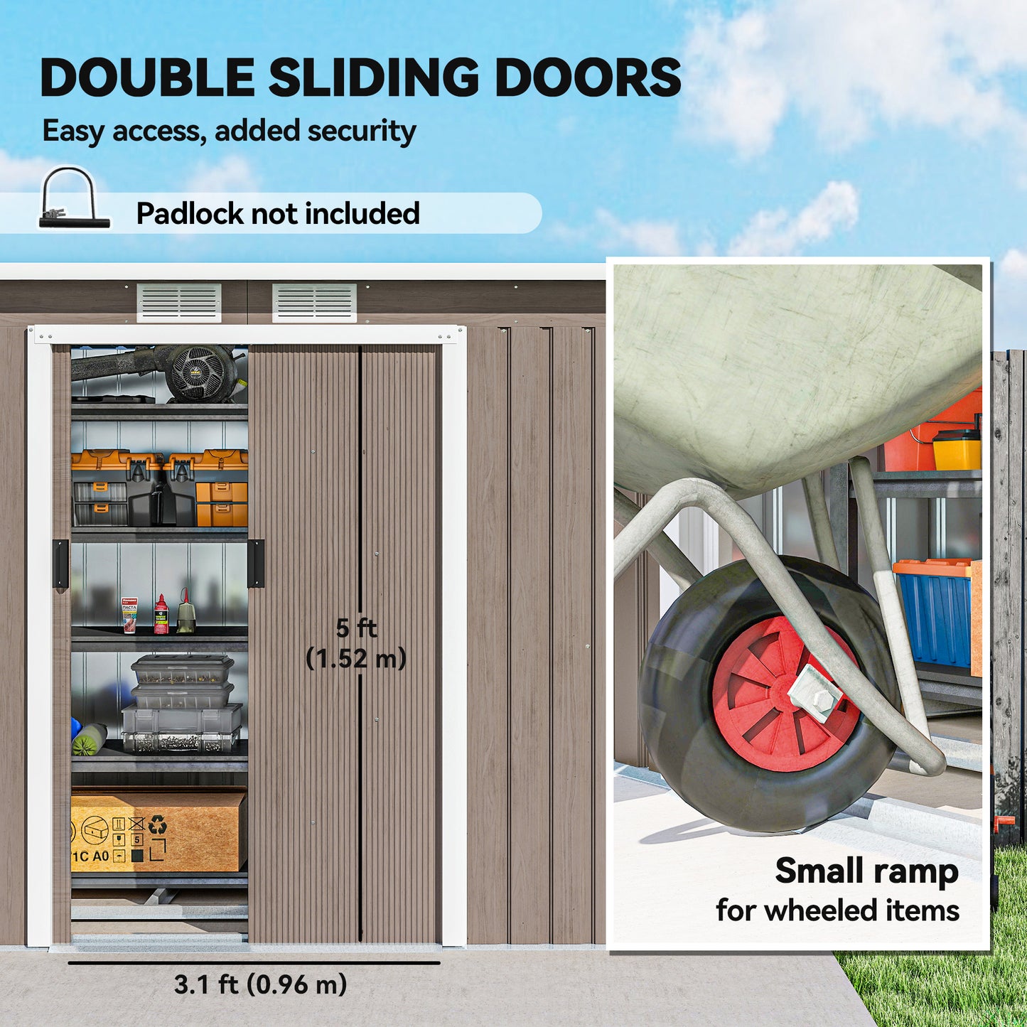 Outsunny 4x9 ft Metal Shed With Foundation Brown Outdoor Garden Tool Storage Shed