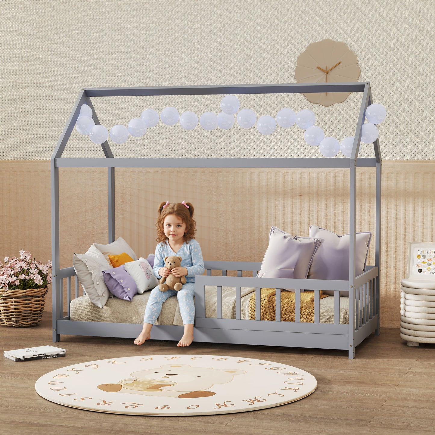 HOMCOM House Shaped Kids Bed Frame With Guard Rails Solid Pine Wood Single Bed Frame For Kids Boys And Girls Grey