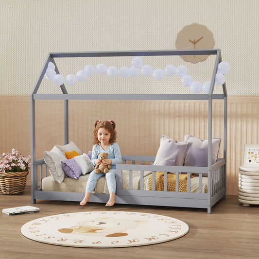 HOMCOM House Shaped Kids Bed Frame With Guard Rails Solid Pine Wood Single Bed Frame For Kids Boys And Girls Grey