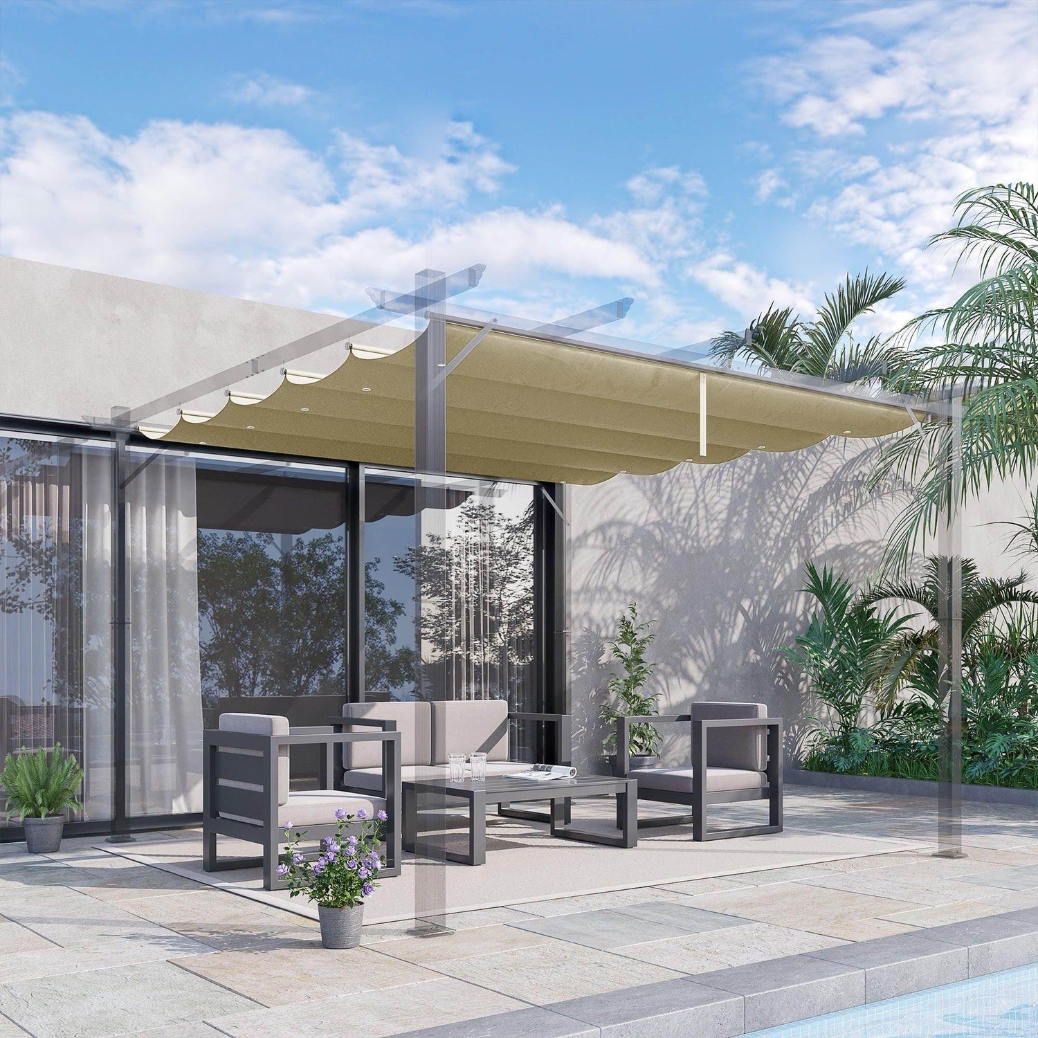 Beige retractable pergola canopy cover with scalloped edge and support poles