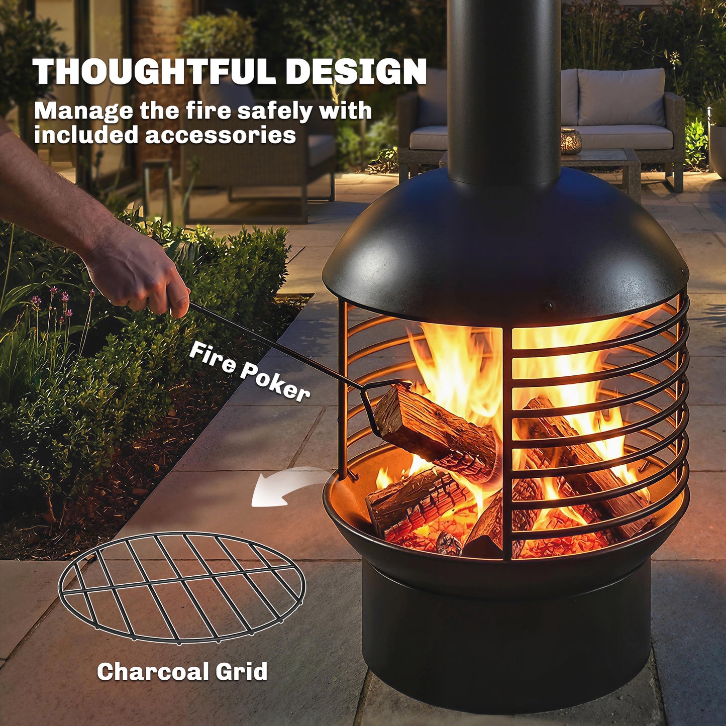 Outsunny Chimney Fire Pit Portable Wood Burning Outdoor Fireplace With Poker Charcoal Grid For Garden Patio Black