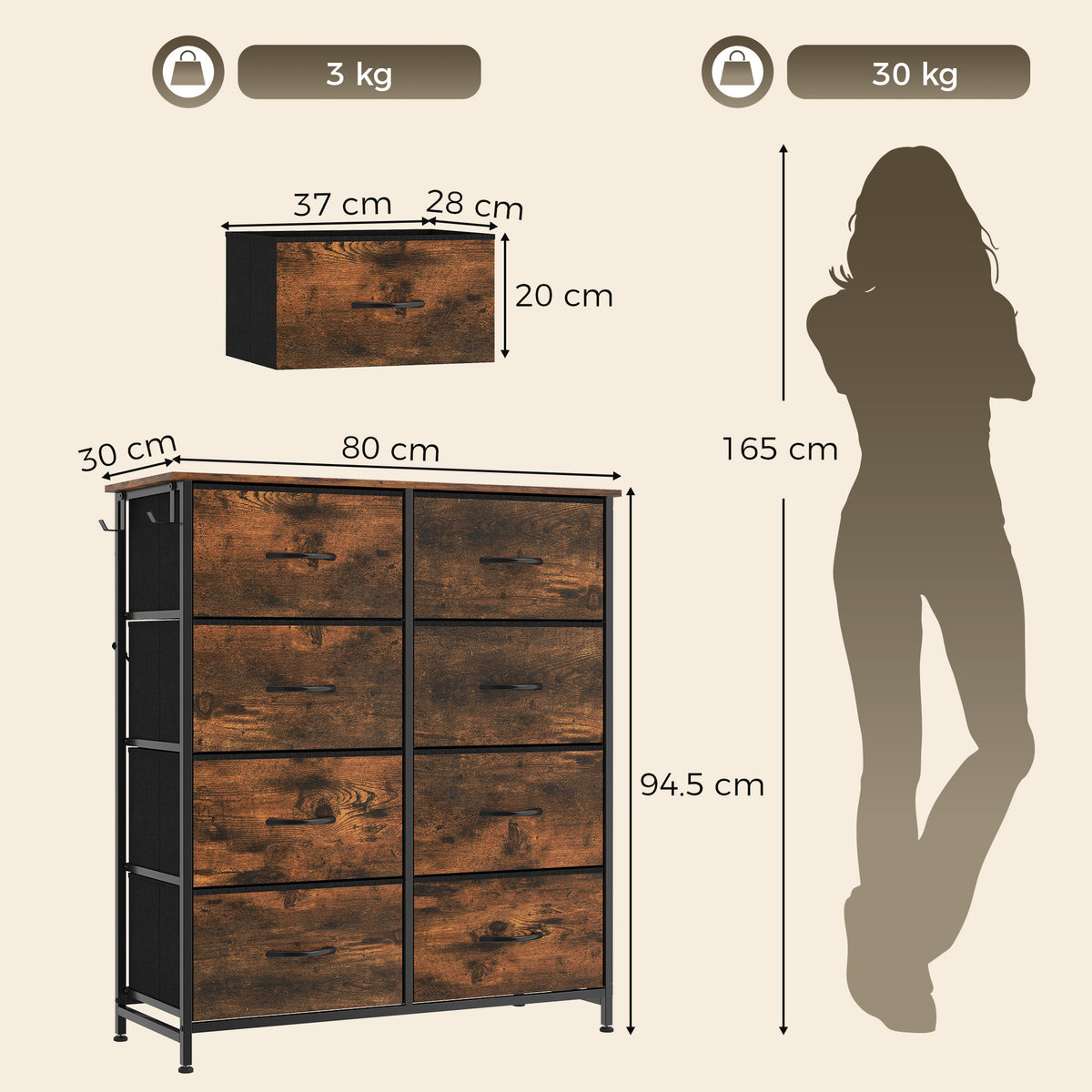 HOMCOM Rustic Brown Chest of Drawers with 8 Fabric Drawers and Side Bag